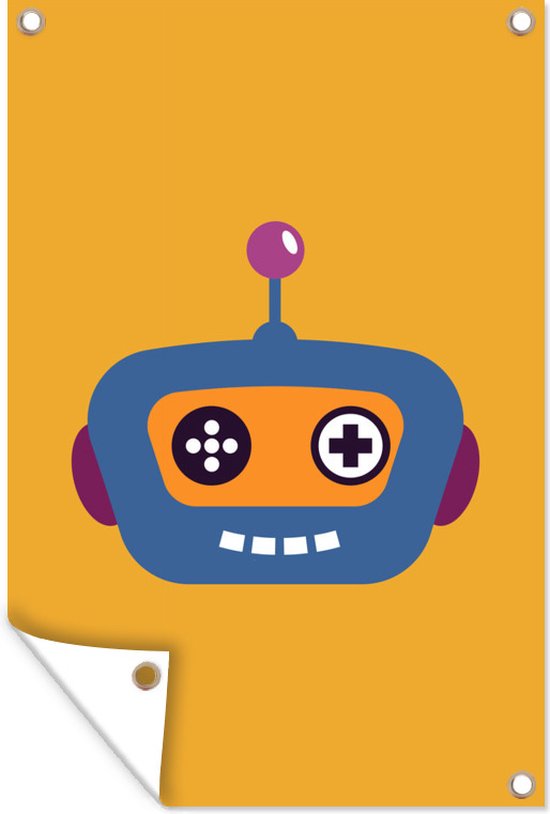 Tuindecoratie Robot met een grappige grijs op zijn gezicht tegen een oranje achtergrond - 40x60 cm - Tuinposter - Tuindoek - Buitenposter