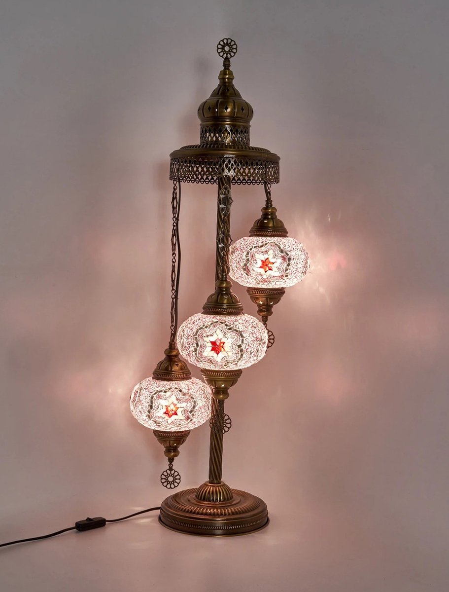 Turkse Lamp - Vloerlamp - Mozaïek Lamp - Marokkaanse Lamp - Oosters Lamp - ZENIQUE - Authentiek - Handgemaakt - Roze - 3 bollen