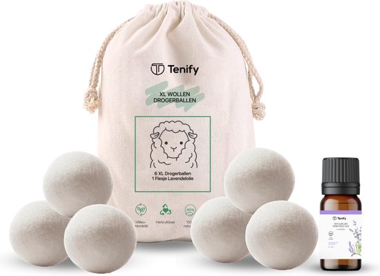 Tenify 6 XL Drogerballen + Extra Lavendel Olie - Wasbollen - Duurzaam - Schaapswol - Wasverzachter - Wasdrogerballen - Herbruikbare Droogballen - Energie Besparen