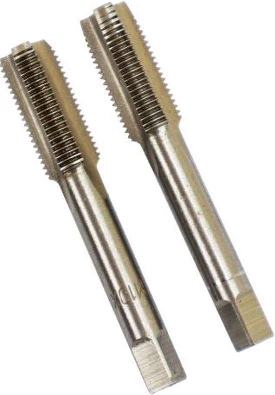 Twee metalen schroefdraadtappen, M10 x 1.0.