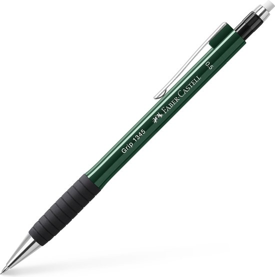 Groen Faber-Castell Grip 1345 vulpotlood met zwarte grip en metalen clip. Lijnbreedte 0.5.