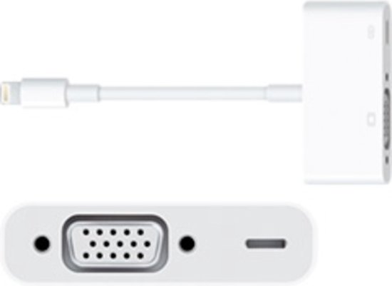 Witte adapter met een VGA-poort, twee ronde gaten en een USB-C-poort. Een kabel met Lightning-connector loopt vanaf de adapter.