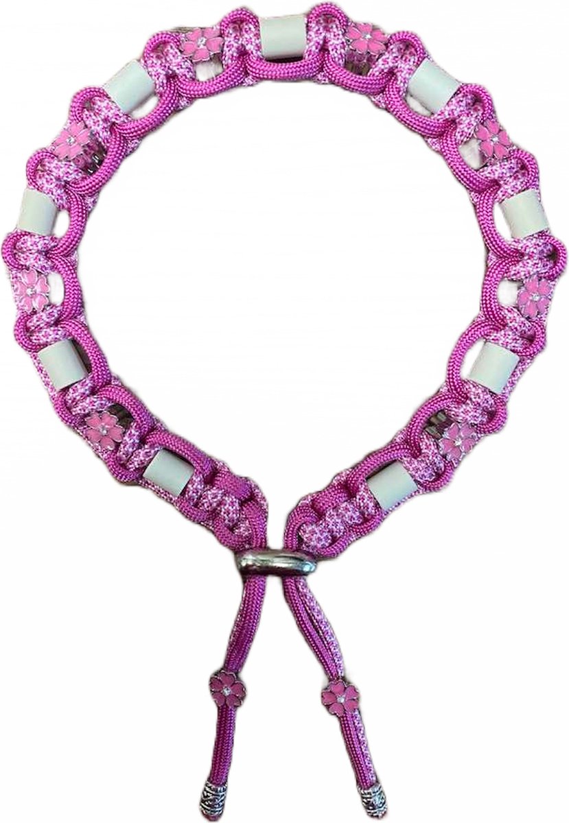 Anti-tekenband hond - Rose - lengte 35 cm - nekomvang vanaf 33 tot en met 39 cm - werkt ook tegen vlooien - originele EM-X kralen lichtgrijs - maat M - roze/wit - met roze bloemen met strass - op=op