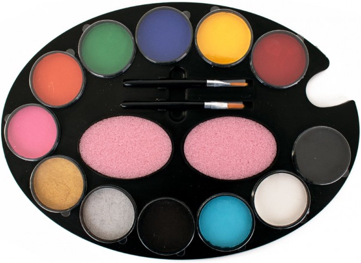 PXP Professional Colours palet basic 12 x 4 gram with 2 sponges and 2 pencils - Carnaval Schmink Kleur Feest Thema Body Paint