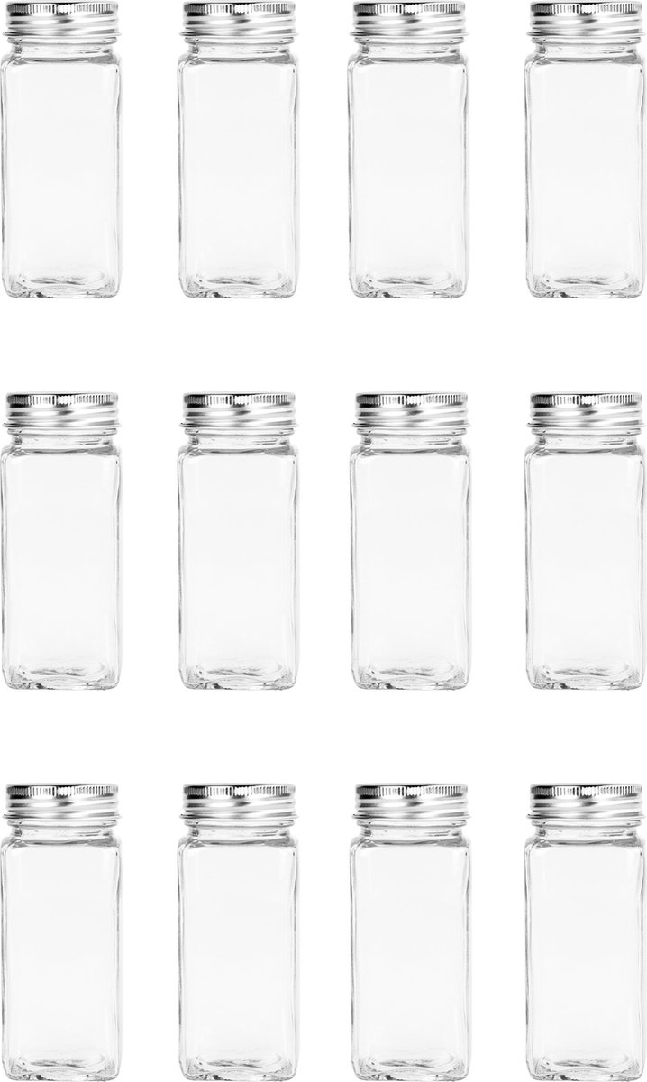 Krumble Kruidenpotjes set van 12 - 120 ml - Kruidenstrooier - Strooibus - Met strooideksel - Opbergpotjes - Vierkant - Glas - Met aluminium deksel - Transparant - 4,4 x 4,4 x 10,5 cm