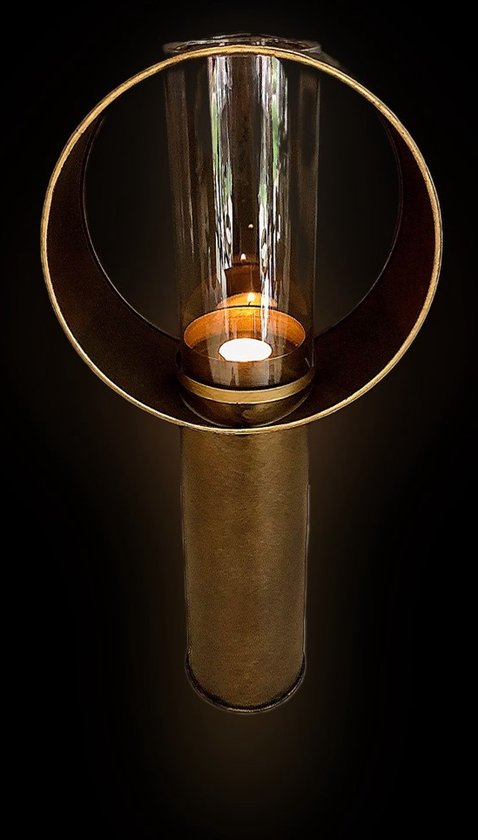 Metal Bronze Circle Candleholder with Glass 53 cm hoog - kaarshouder - lantaarn - windlicht - authentiek - interieurdecoratie - terrasdecoratie - theelichthouder - metaal - industrieel - landelijk - geschenk - gift - kerst - nieuwjaar - verjaardag