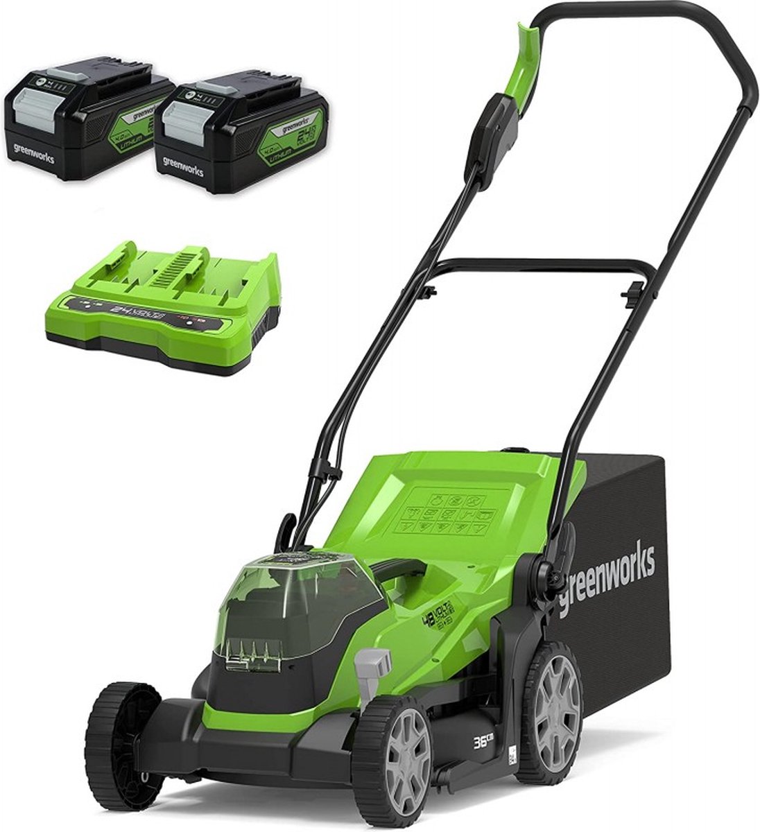Bol.com Greenworks grasmaaier 2 x 24 volt met 2x 4ah batterij en dual lader G24X2LM36K4X aanbieding