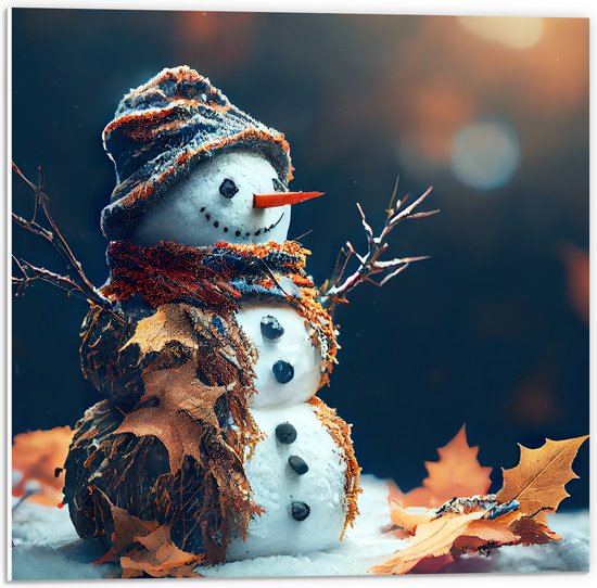 PVC Schuimplaat- Sneeuwpop met Takken Armen tussen de Herfstbladeren - 50x50 cm Foto op PVC Schuimplaat