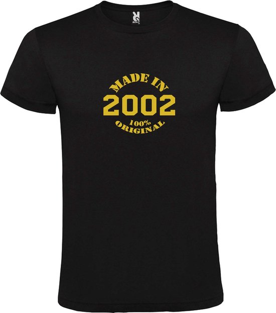 Zwart T-Shirt met “Made in 2002 / 100% Original “ Afbeelding Goud Size L