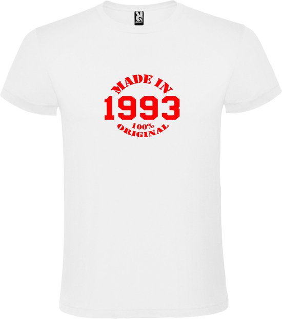 Wit T-Shirt met “Made in 1993 / 100% Original “ Afbeelding Rood Size XXL