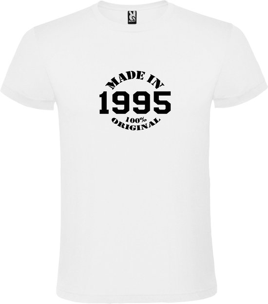 Wit T-Shirt met “Made in 1995 / 100% Original “ Afbeelding Zwart Size L