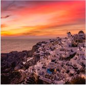 Poster Glanzend – Uitzicht over Klassieke Griekse Stad tijdens de Zonsondergang - 80x80 cm Foto op Posterpapier met Glanzende Afwerking