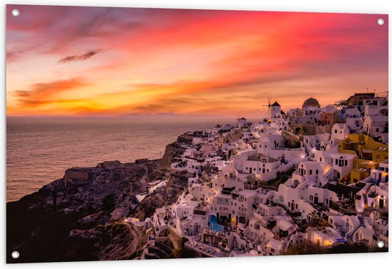 Tuinposter – Uitzicht over Klassieke Griekse Stad tijdens de Zonsondergang - 120x80 cm Foto op Tuinposter (wanddecoratie voor buiten en binnen)