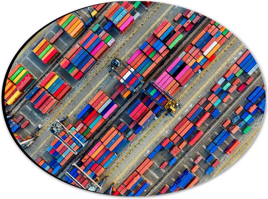 WallClassics - Dibond Ovaal - Zeecontainers in de Haven gestapeld - 28x21 cm Foto op Ovaal (Met Ophangsysteem)