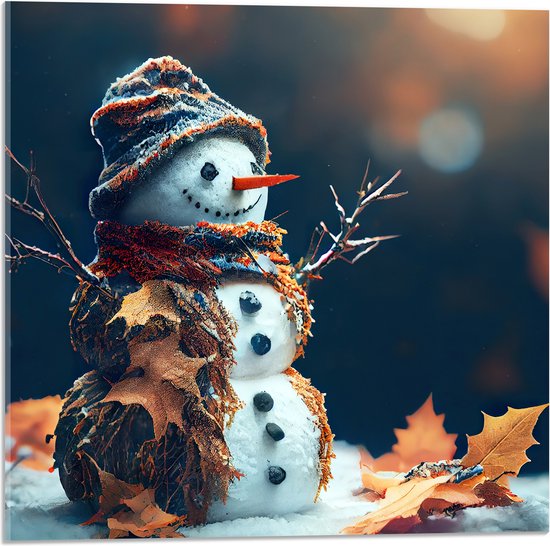 Acrylglas - Sneeuwpop met Takken Armen tussen de Herfstbladeren - 50x50 cm Foto op Acrylglas (Wanddecoratie op Acrylaat)
