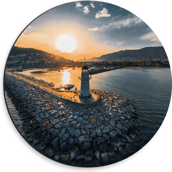 Dibond Muurcirkel - Zonsondergang bij Vuurtoren aan Zee van Antalya, Turkije - 30x30 cm Foto op Aluminium Muurcirkel (met ophangsysteem)