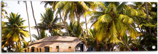 Tuinposter – Vakantieplek onder Palmbomen aan het Water - 90x30 cm Foto op Tuinposter (wanddecoratie voor buiten en binnen)