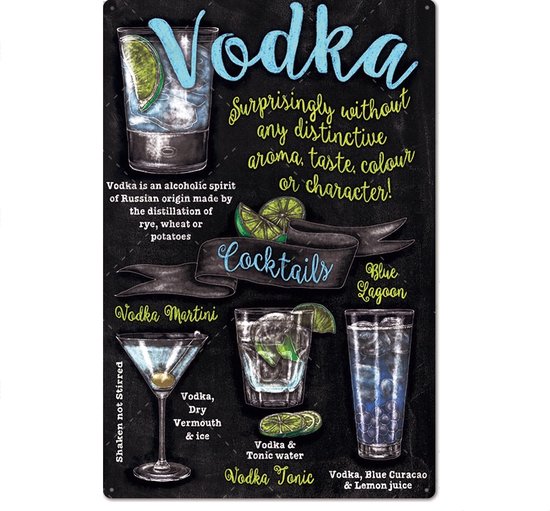 Tableau mural avec recettes de cocktails à la vodka – Vodka Martini, Vodka Tonic, Blue Lagoon