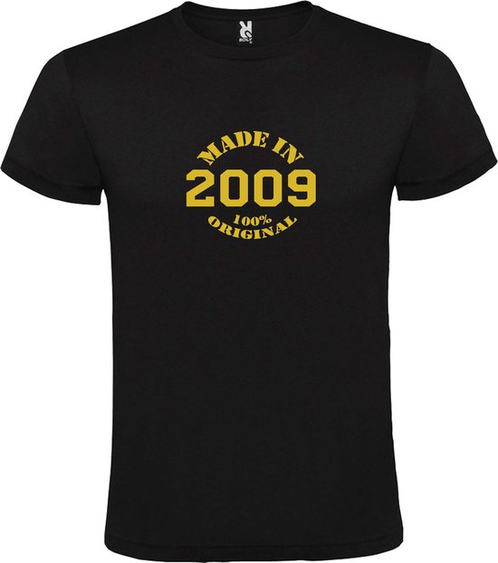 Zwart T-Shirt met “Made in 2009 / 100% Original “ Afbeelding Goud Size L