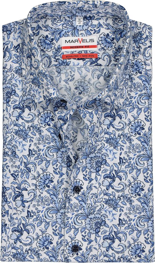 MARVELIS modern fit overhemd - korte mouw - popeline - wit met blauw bloemen dessin - Strijkvrij - Boordmaat: 40