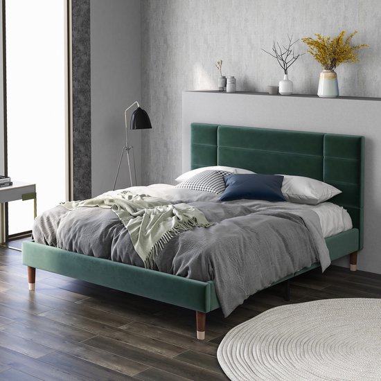 Gestoffeerd bed 140x200cm - tweepersoonsbed met lattenbodem - Gestoffeerd bed met hoofdeinde - in donkergroen fluweel - (matras niet inbegrepen)