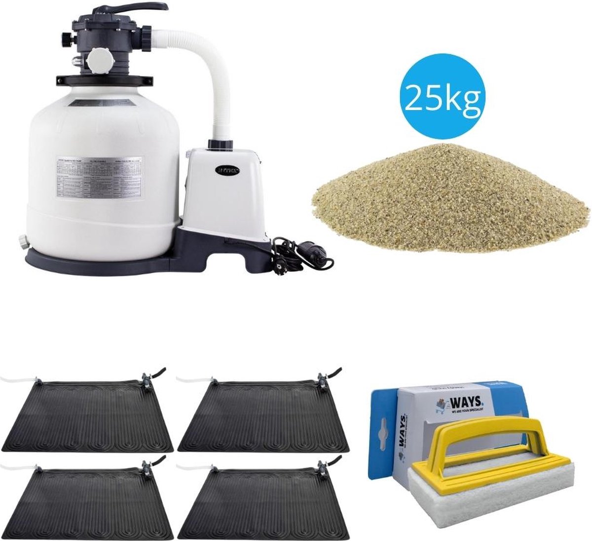 Bol.com Intex - 4x Zwembad verwarming & Zandfilterpomp 3500 L/u & Filterzand 25 kg & WAYS Scrubborstel aanbieding
