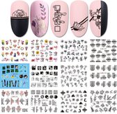 12 Stuks Nagelstickers – Zwart – Rozen, Botanisch – Nail Art Stickers