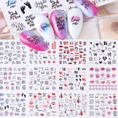 12 Stuks Nagelstickers – Romantische Icoontjes – Hartjes, Kiss, Love, Quotes – Nail Art Stickers