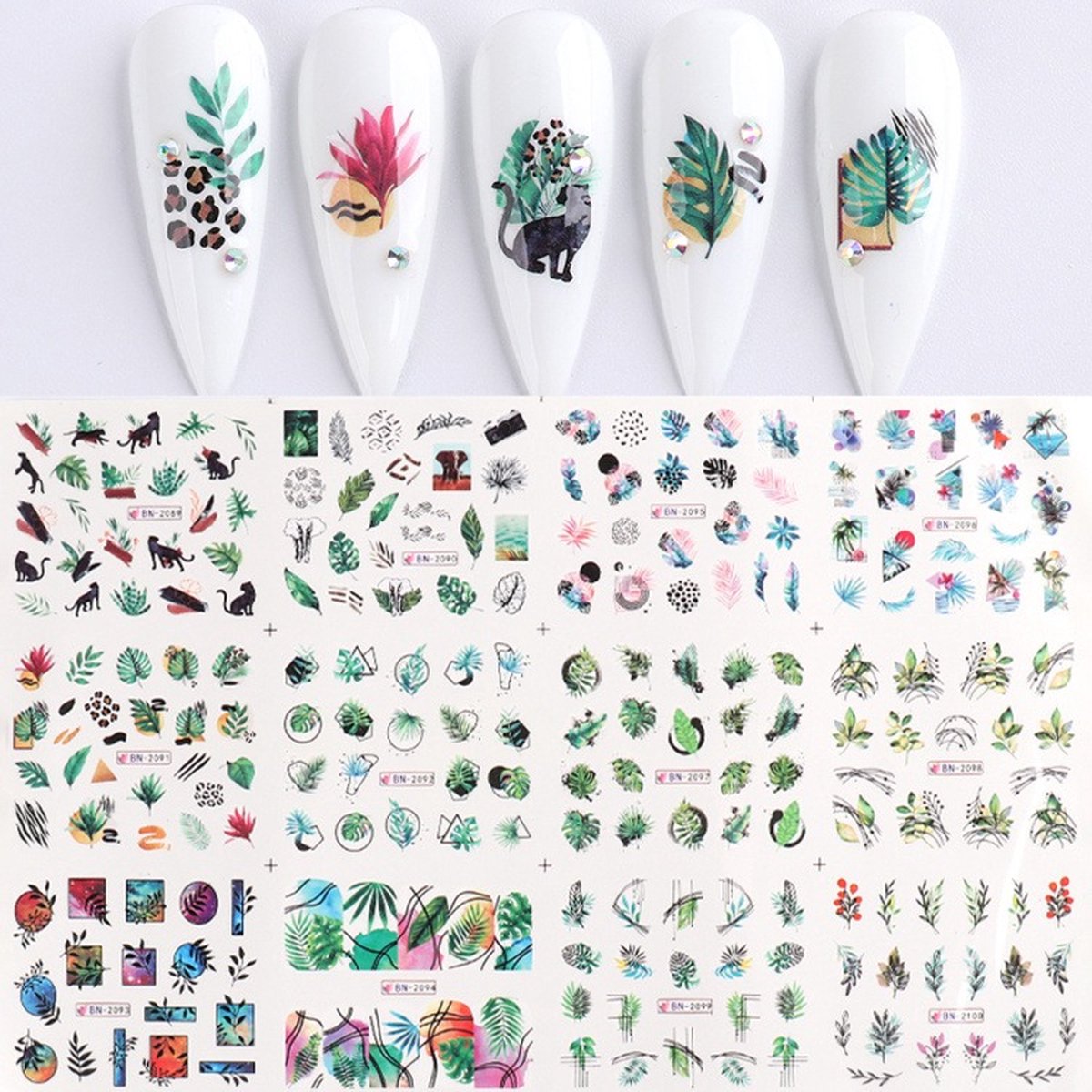 Goedkoopste 12 Stuks Nagelstickers – Groen – Bladeren – Nail Art Stickers – Set van 12 nagelstickers – Groene bladeren designs – nail art – Natuurlijke en stijlvolle stickers