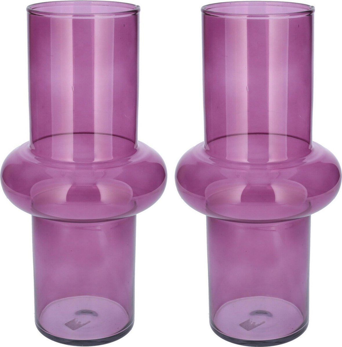 Bellatio Design Bloemenvaas - 2x - paars transparant gerecycled glas - 15 x 31 cm - vaas