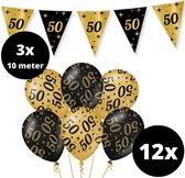 Verjaardag Versiering Pakket 50 jaar Zwart en Goud - Ballonnen Goud & Zwart (12 stuks) - Vlaggenlijn Goud Zwart 10 meter (3 stuks) - Vlaggenlijn Abraham Sarah 50 jarige - Vlaggetjes Slinger Verjaardag 50 Birthday - Birthday Party Decoratie (50 Jaar)