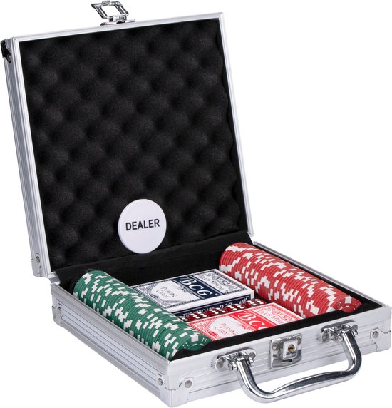 Luipaard bouwen Uitgebreid Pokerset in Aluminium Koffer - 100 Chips/ Speelkaarten/ 5 Dobbelstenen/  Dealer Chip -... | bol.com