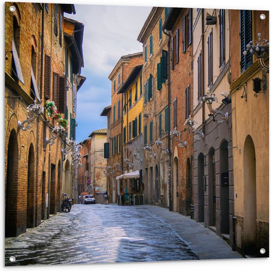 WallClassics - Tuinposter – Klein Straatje - Italië - 100x100 cm Foto op Tuinposter (wanddecoratie voor buiten en binnen)