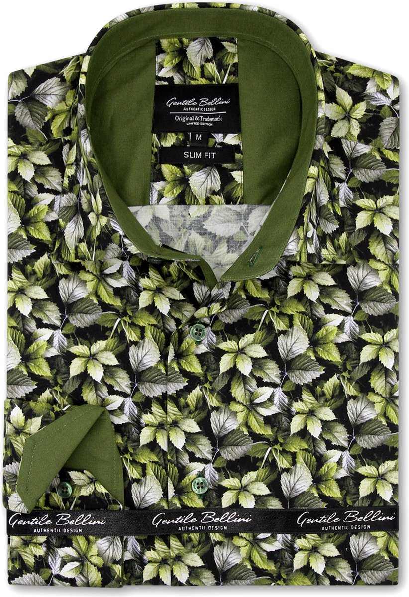 Heren Overhemd - Slim Fit - Leaves Print - Groen - Maat XXL