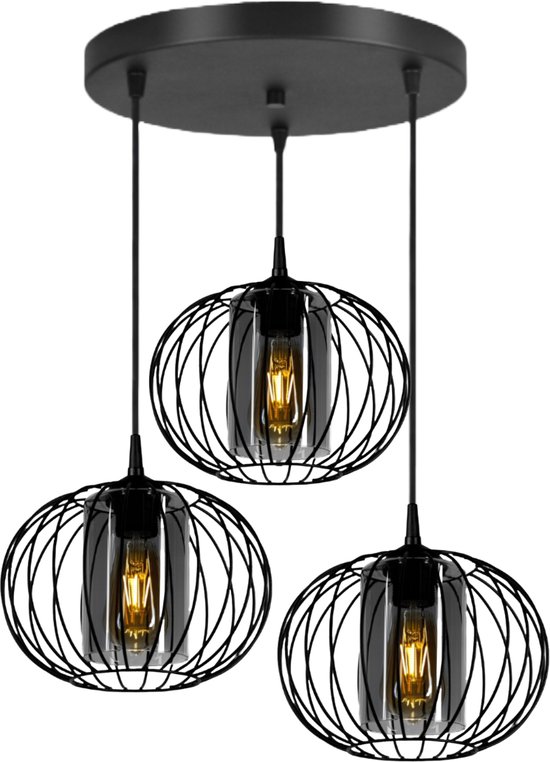 Hanglamp - Plafondlamp Industrieel met 3 Draad/Glas-kappen Zwart Smoke