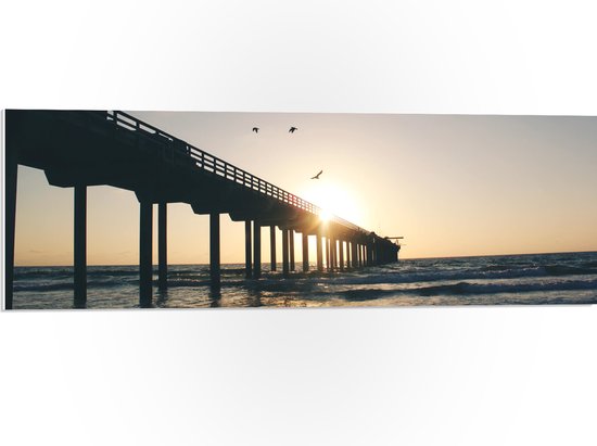 WallClassics - PVC Schuimplaat - Zonnestralen door Pier boven Zee met Vogels - 90x30 cm Foto op PVC Schuimplaat (Met Ophangsysteem)