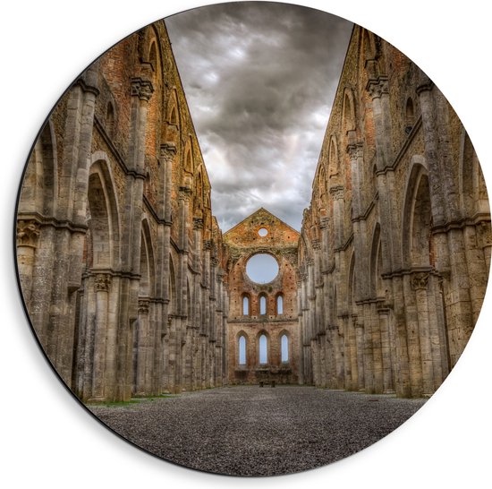 WallClassics - Dibond Muurcirkel - Klooster in Italië - De abdij van Saint Galgano - 40x40 cm Foto op Aluminium Muurcirkel (met ophangsysteem)