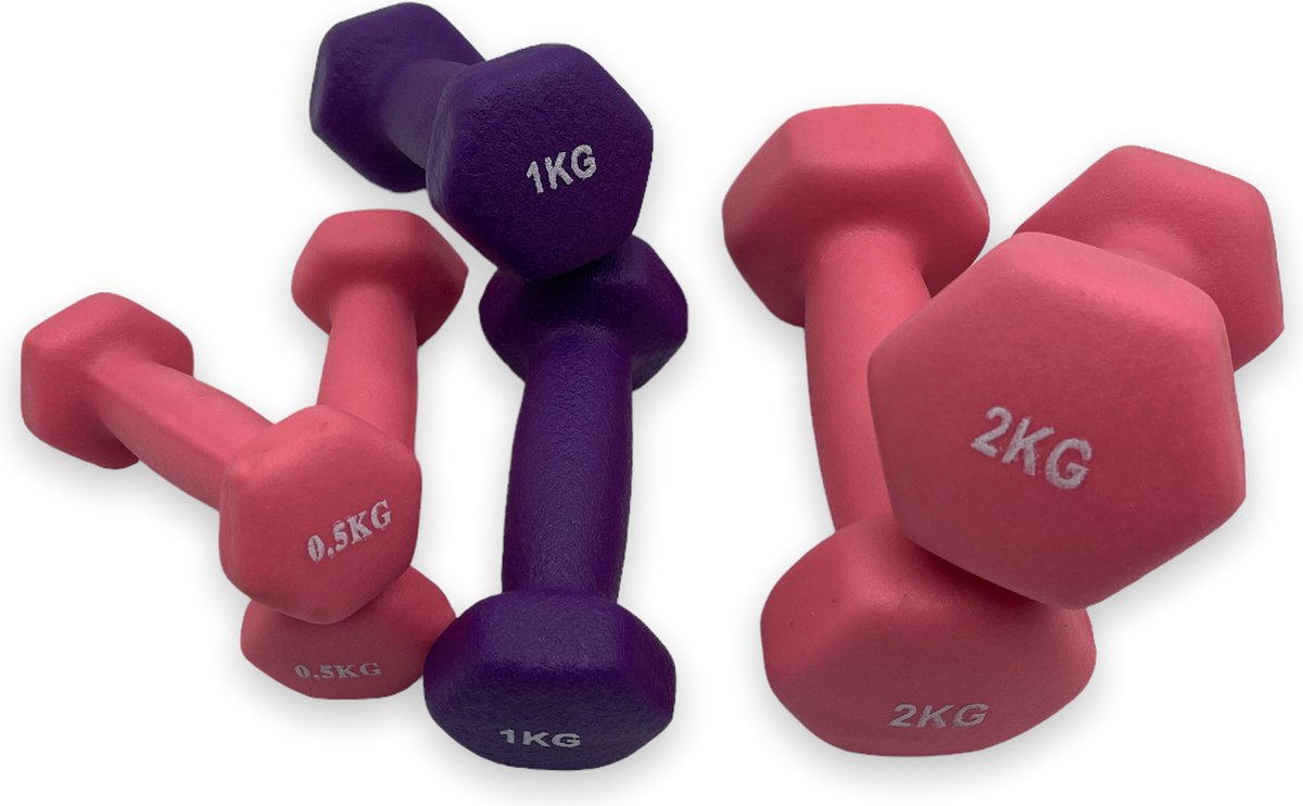 dumbells - Neopreen set 0,5 - 1 en 2 kg - dumbellset - fitness gewicht - roze en paars