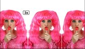 3x Pruik candygirl pink - Carnaval thema feest party fun pruiken festival roze