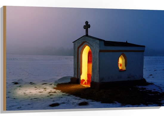 WallClassics - Bois - Chapelle entre la neige - Poteaux - 105x70 cm - 9 mm d'épaisseur - Photo sur Bois (Avec système de suspension)