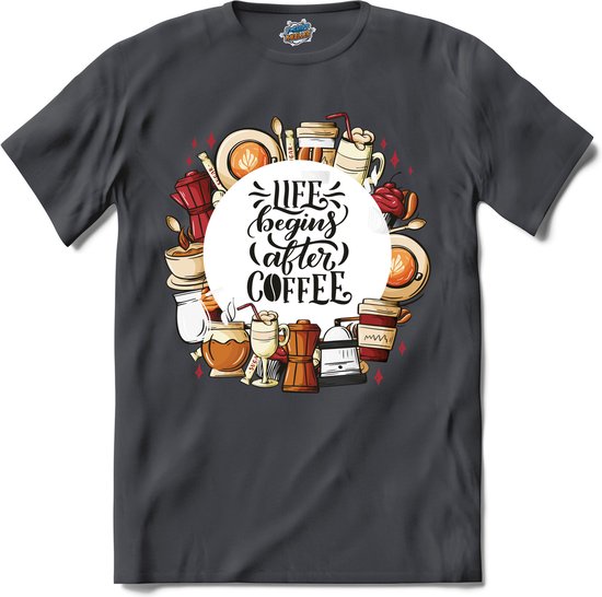 Life Begins After Coffee | Koffie - Coffee - Vintage - T-Shirt - Unisex - Mouse Grey - Maat 3XL