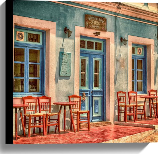 WallClassics - Canvas - Grieks Café - 40x40 cm Foto op Canvas Schilderij (Wanddecoratie op Canvas)