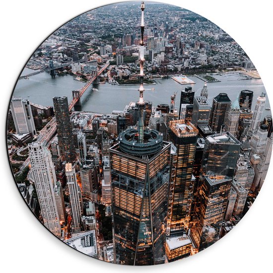 WallClassics - Dibond Muurcirkel - De Stad vanuit de Lucht - New York - 30x30 cm Foto op Aluminium Muurcirkel (met ophangsysteem)