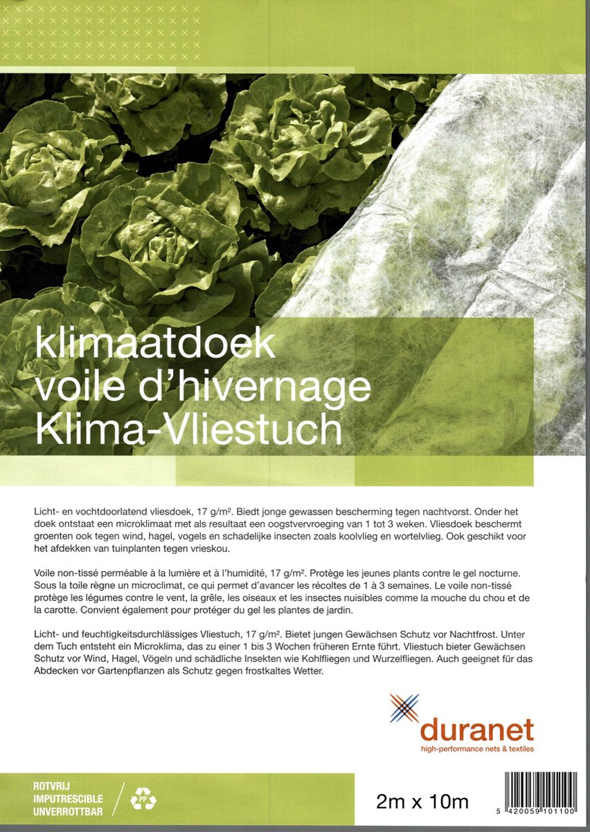Vliesdoek - klimaatdoek - plantenbescherming - 2 op 10 meter 17 g/m2 - Duranet
