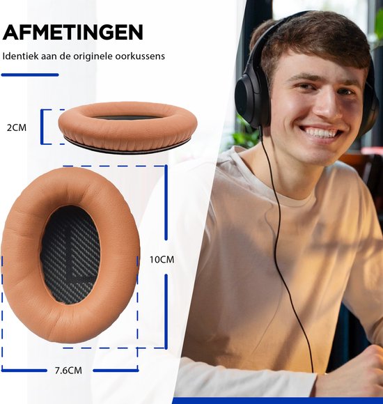 Afmetingen van beige oorkussens: 2cm hoog, 10cm breed en 7.6cm diep.