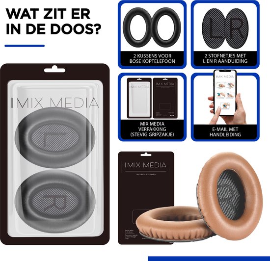 Inhoud van de doos: 2 zwarte oorkussens, 2 stoffen netjes met L/R aanduiding, gripzakje, en e-mail met handleiding.