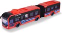 Rode dubbele stadsbus met zwarte bovenkant, 'ELECTRIC CITY LINE', blauwe patronen en een rode draaibare knop.