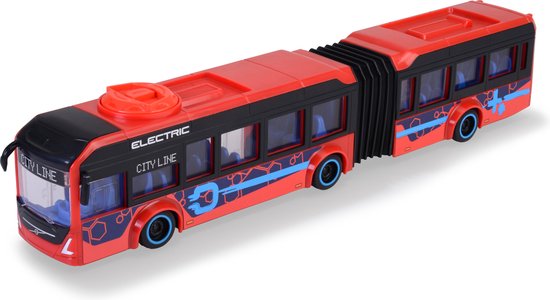 Rode dubbele stadsbus met zwarte bovenkant, 'ELECTRIC CITY LINE', blauwe patronen en een rode draaibare knop.