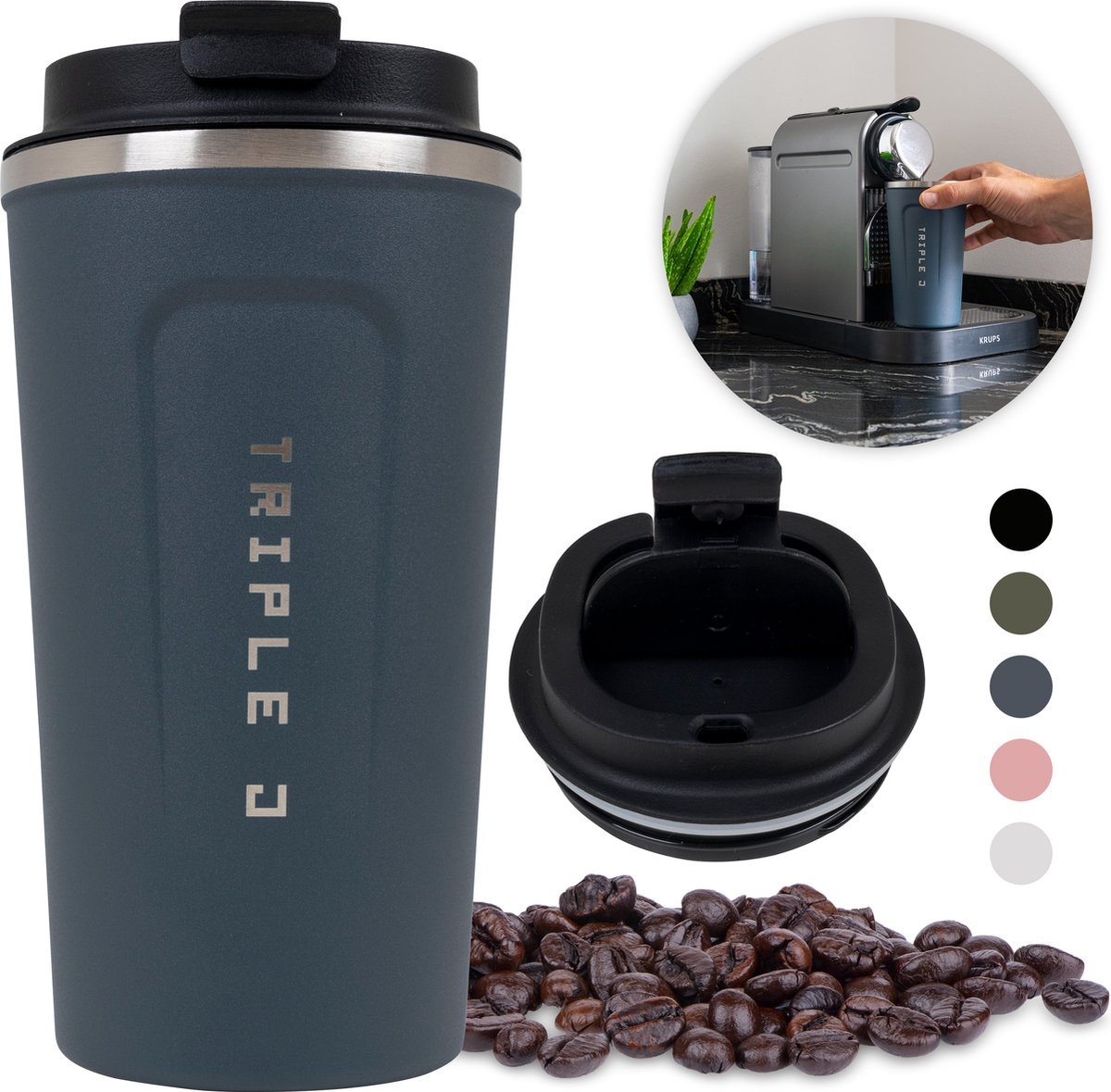 Triple J® Koffiebeker Thermosbeker To Go - Perfecte Koffiemok Onderweg - BPA & Lekvrij - 510ml - Blauw