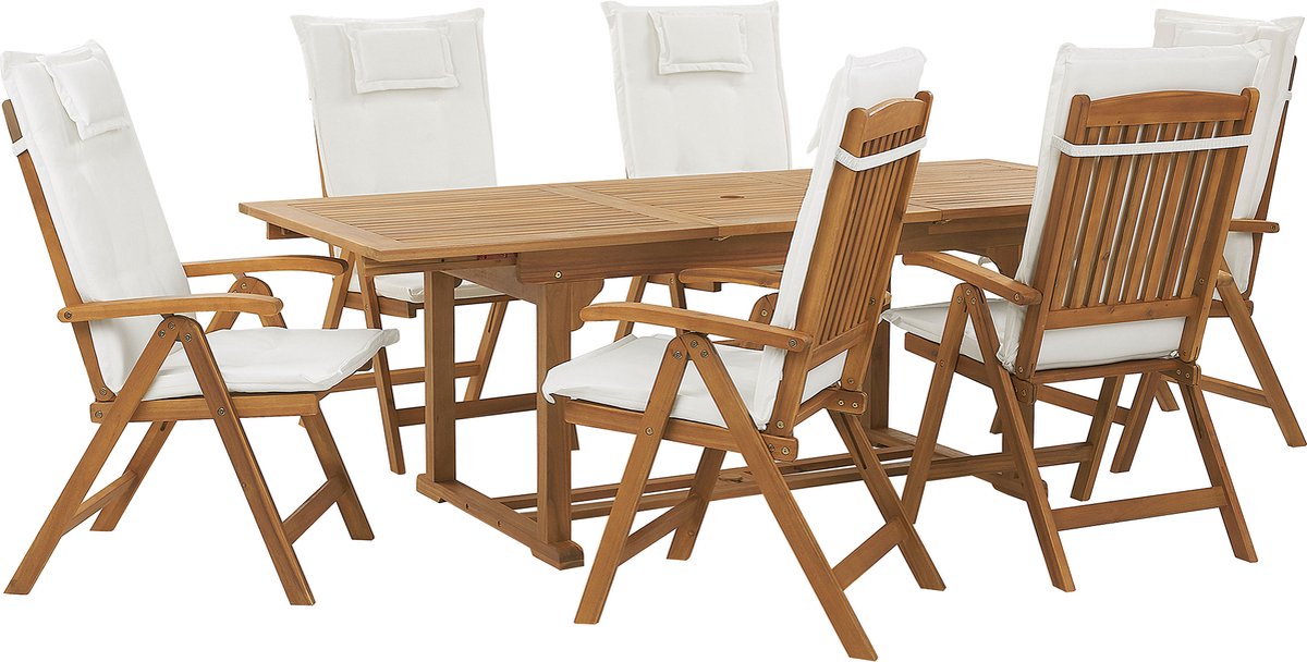 Tuinset voor 6 personen in gebroken wit acaciahout.